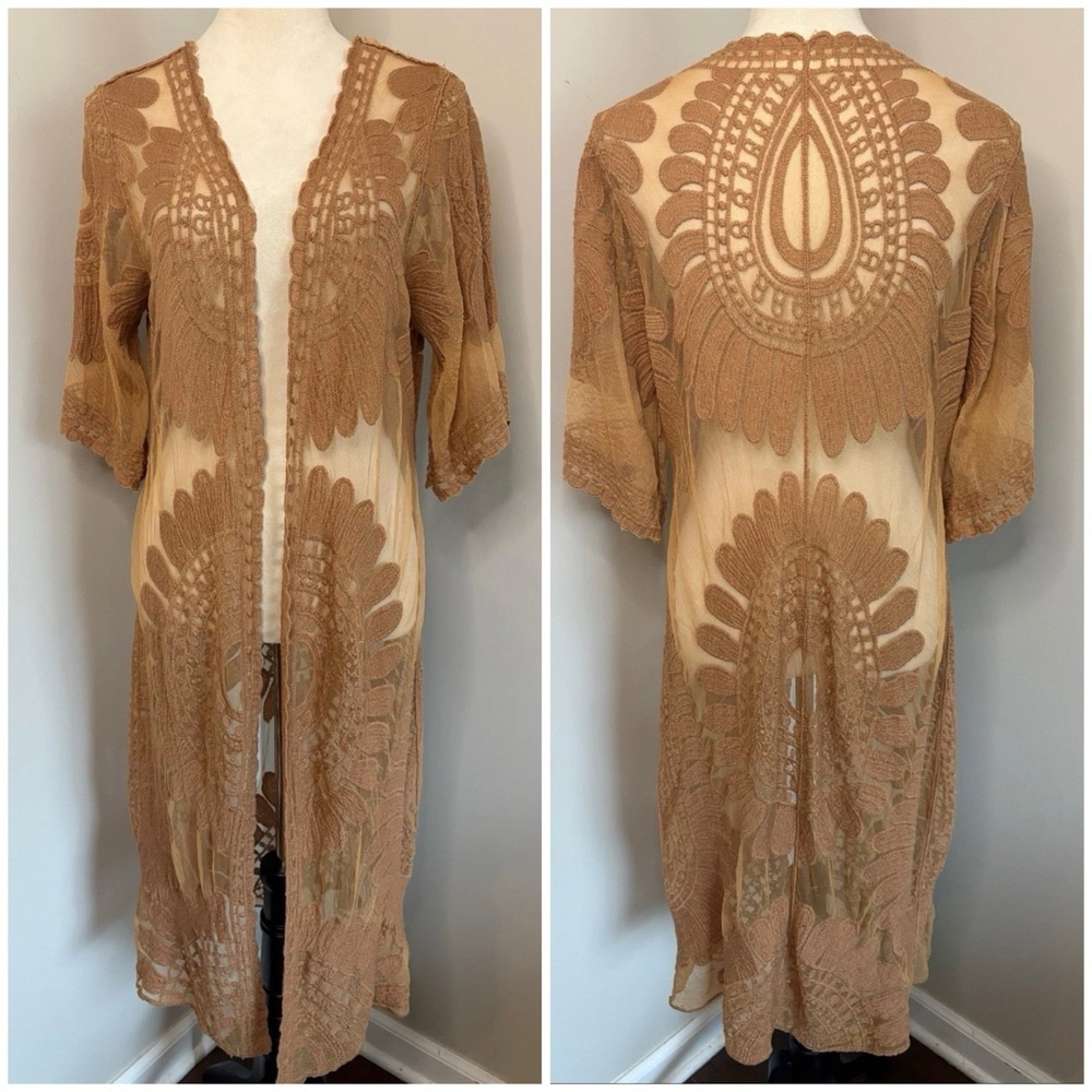 Rebellion Again Brown Tan Lace Duster Mesh Embroidered Paisley Beach Boho Small